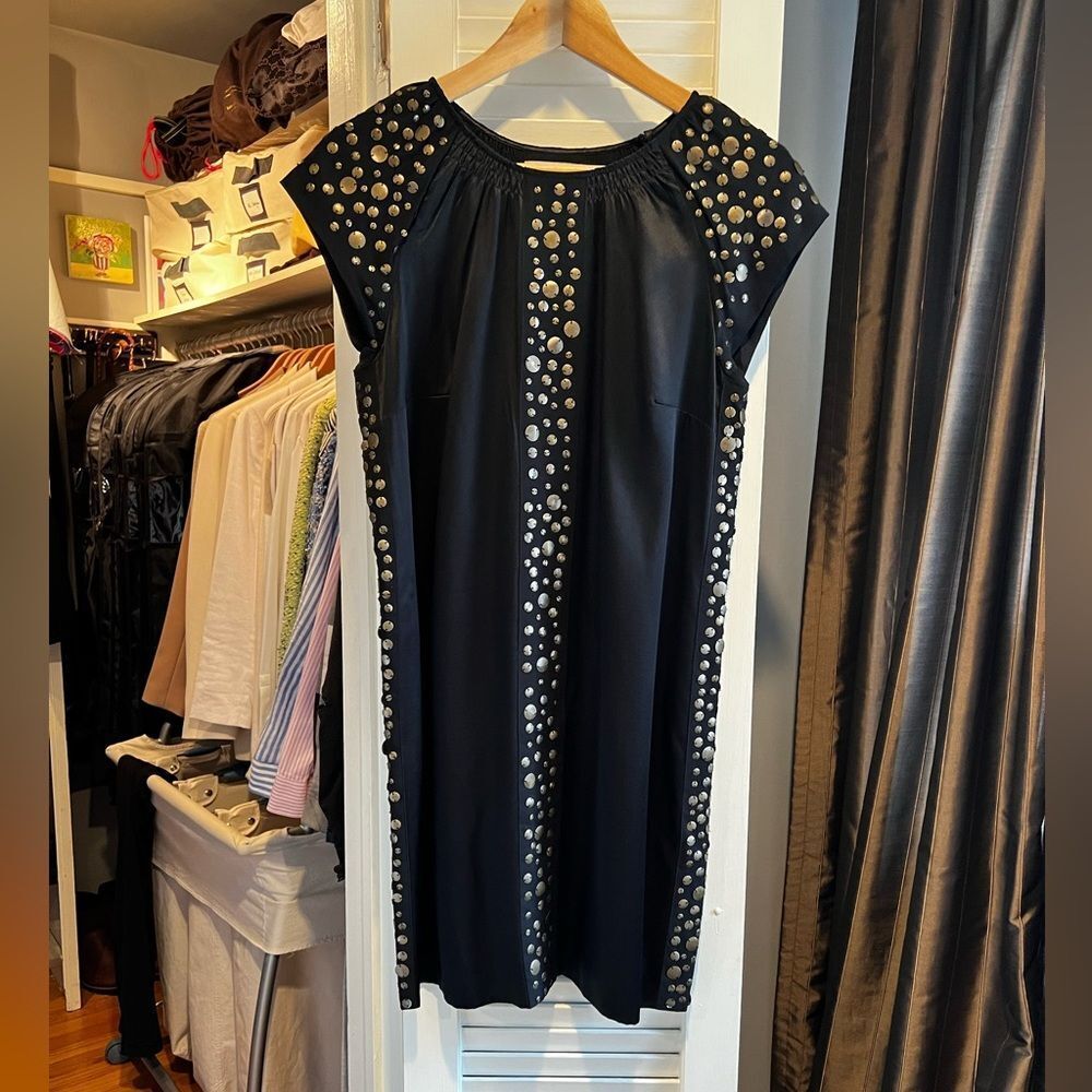 Adam Lippes Silk Shift Mini Dress with Hand Sewn Brass Discs